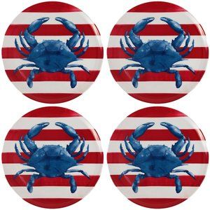 Coastal Blue Crab Melamine Dinner Plates 11in Patriotic Nautical Red Stripes New